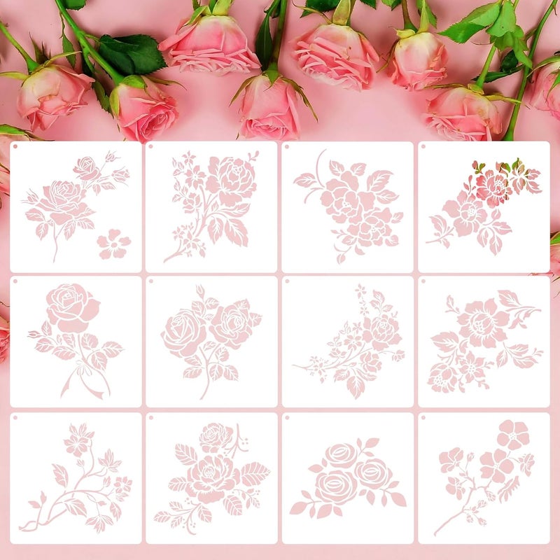 Resflyar 12 PCS Rose Flower Stencils Reusable Rose Cherry Blossom Templates, Plastic Floral Pattern Stencils for Painting on Wood Floor Wall DIY Crafts Home Decorations 7.8 X 7.8 Inch - Image 1